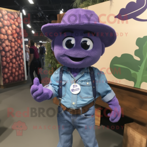 Purple Grape mascot costume character dressed with a Chambray Shirt and Necklaces