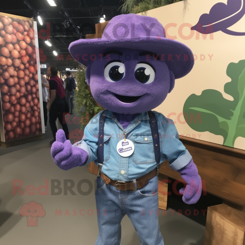 Purple Grape mascot costume character dressed with a Chambray Shirt and Necklaces Purple Grape mascot costume character dressed with a Chambray Shirt and Necklaces