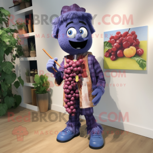 Purple Grape mascot costume character dressed with a Chambray Shirt and Necklaces
