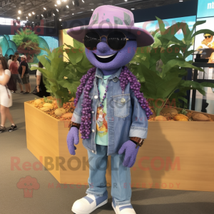 Purple Grape mascot costume character dressed with a Chambray Shirt and Necklaces