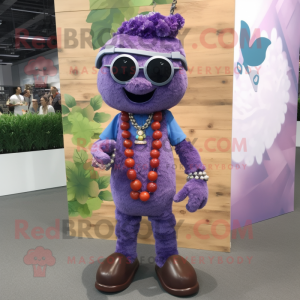 Purple Grape mascot costume character dressed with a Chambray Shirt and Necklaces