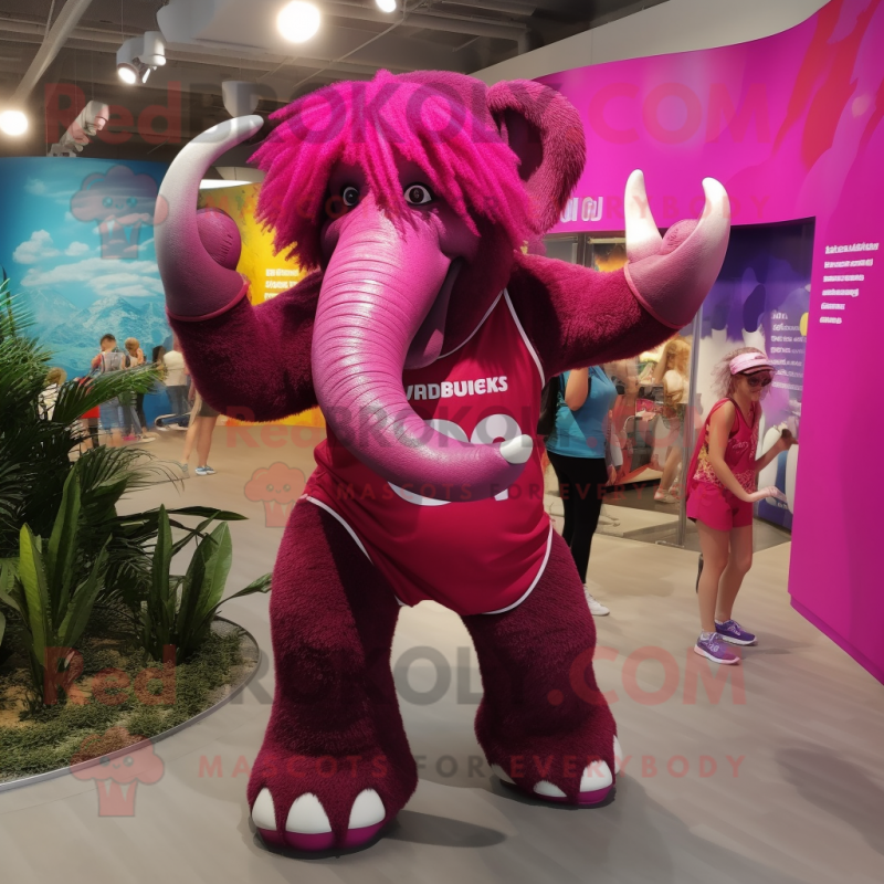 Magenta Mammoth mascot costume character dressed with a One-Piece Swimsuit and Necklaces