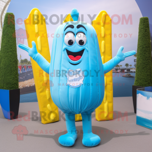 Sky Blue French Fries mascot costume character dressed with a Swimwear and Necklaces