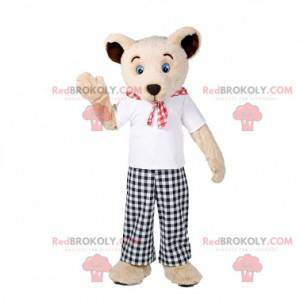 Beige teddy bear mascot with a plaid outfit - Redbrokoly.com