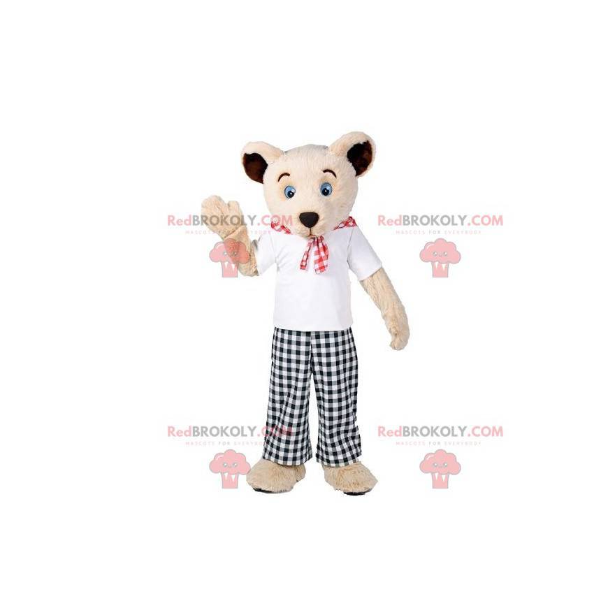 Beige teddy bear mascot with a plaid outfit - Redbrokoly.com