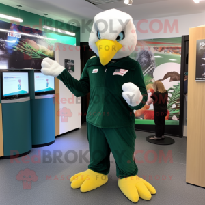 Forest Green Bald Eagle mascot costume character dressed with a Jumpsuit and Earrings