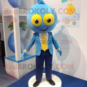 Blue Lemon mascot costume character dressed with a Dress Pants and Hairpins