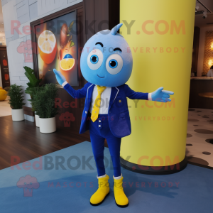 Blue Lemon mascot costume character dressed with a Dress Pants and Hairpins