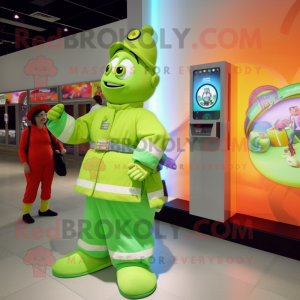 Lime Green Fire Fighter mascot costume character dressed with a Ball Gown and Digital watches