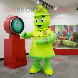 Lime Green Fire Fighter mascot costume character dressed with a Ball Gown and Digital watches