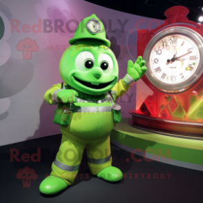 Lime Green Fire Fighter mascot costume character dressed with a Ball Gown and Digital watches