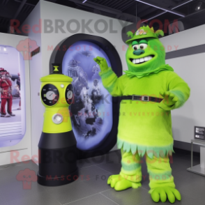 Lime Green Fire Fighter mascot costume character dressed with a Ball Gown and Digital watches