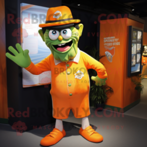 Orange Frankenstein mascot costume character dressed with a Suit and Caps