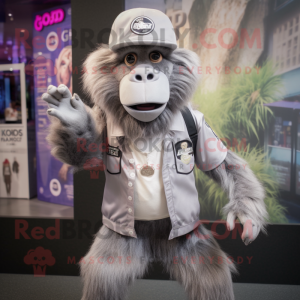 Silver Baboon mascot costume character dressed with a Graphic Tee and Berets