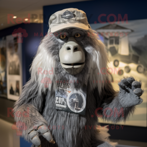 Silver Baboon mascot costume character dressed with a Graphic Tee and Berets