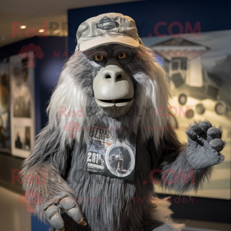 Silver Baboon mascot costume character dressed with a Graphic Tee and Berets Silver Baboon mascot costume character dressed with a Graphic Tee and Berets