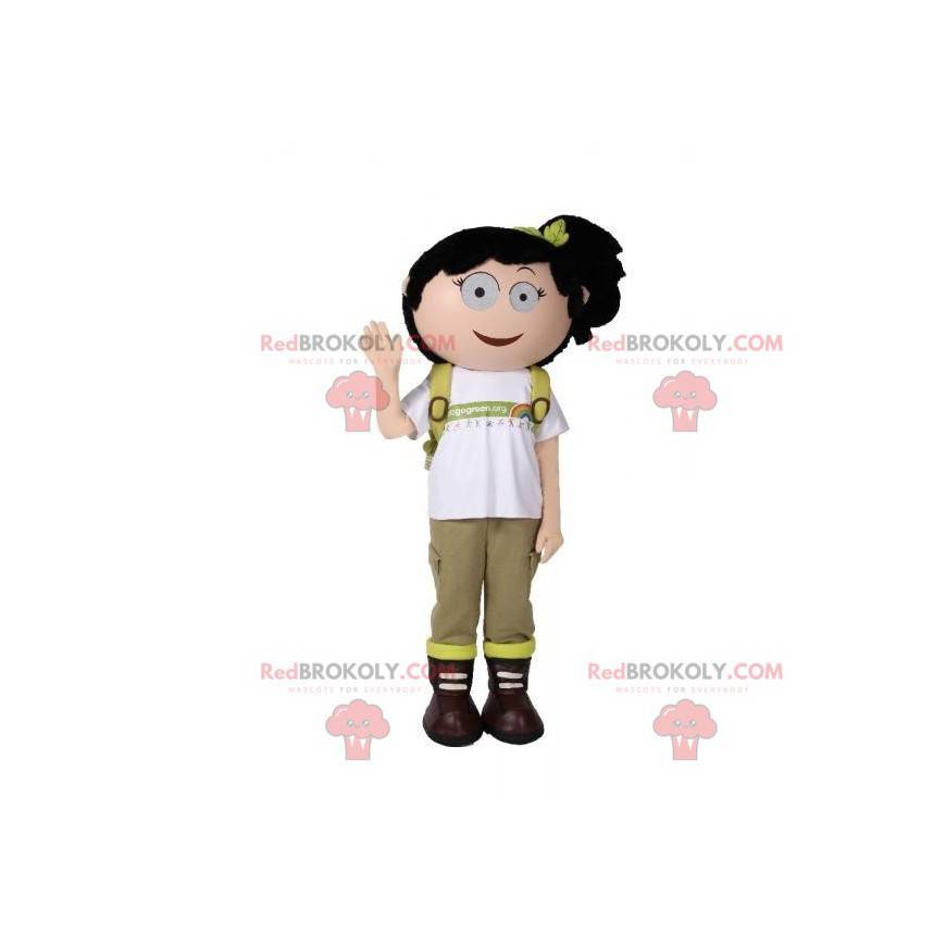 Chica mascota con mochila. Mascota excursionista -