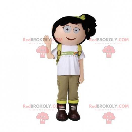 Mascot girl with a backpack. Hiker mascot - Redbrokoly.com