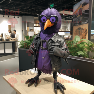 Purple Crow mascot costume character dressed with a Leather Jacket and Eyeglasses