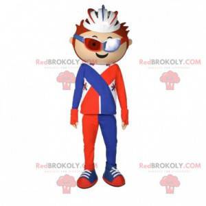 Mascota ciclista vestida de naranja, azul y blanco -