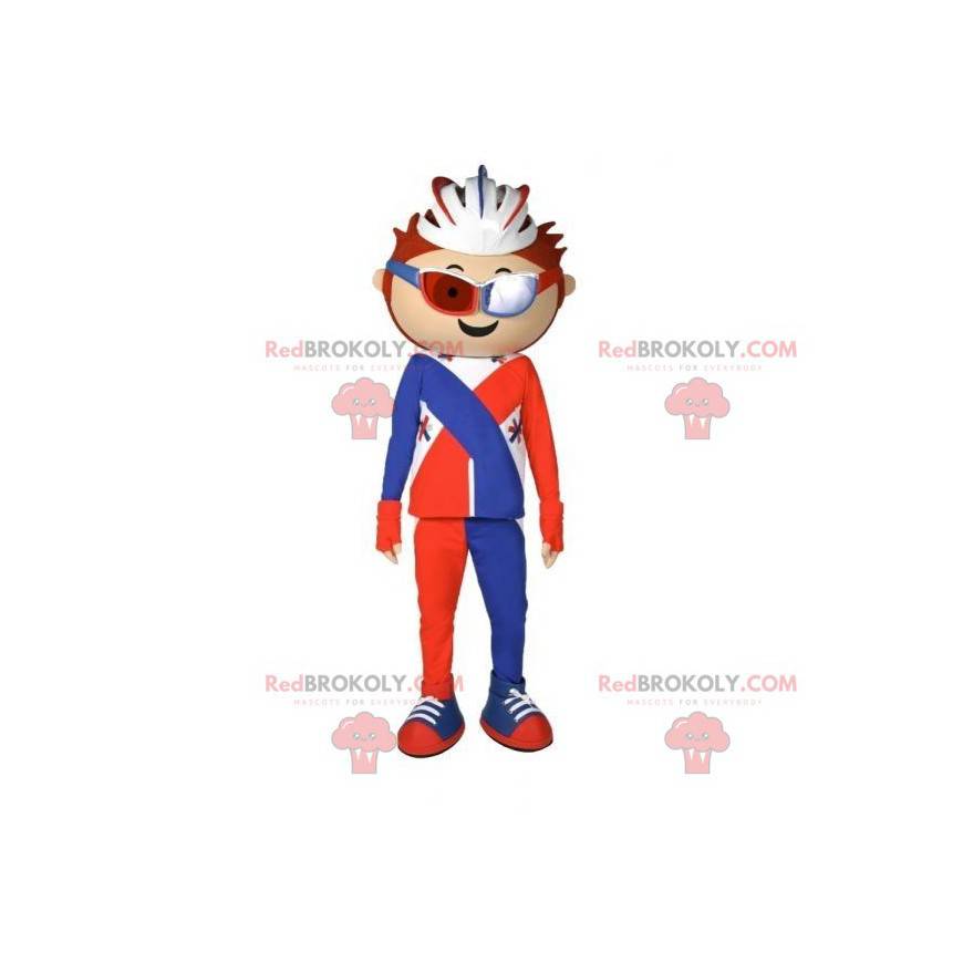 Cyclist mascot dressed in orange blue and white - Redbrokoly.com