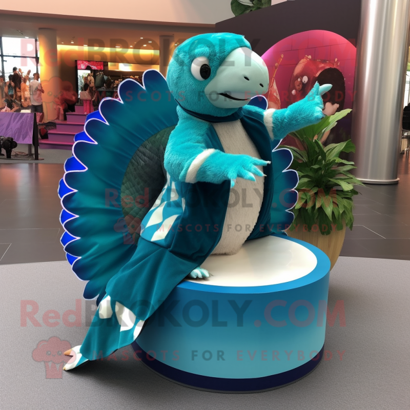 Turquoise Pangolin mascot costume character dressed with a Circle Skirt and Scarves