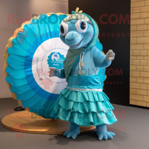 Turquoise Pangolin mascot costume character dressed with a Circle Skirt and Scarves