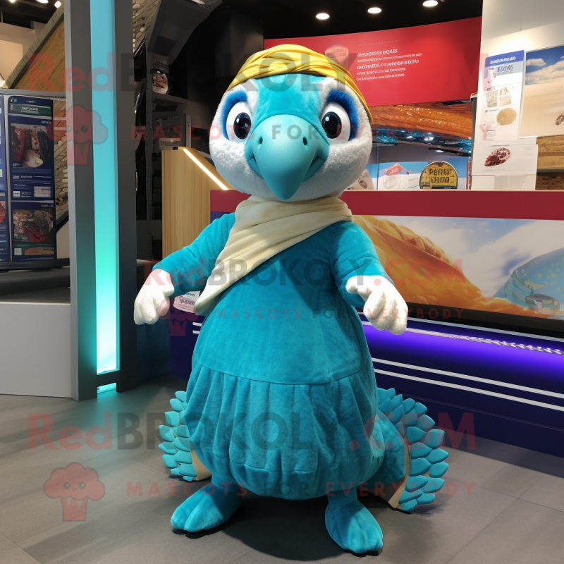 Turquoise Pangolin mascot costume character dressed with a Circle Skirt and Scarves