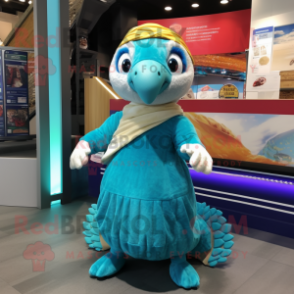 Turquoise Pangolin mascot costume character dressed with a Circle Skirt and Scarves