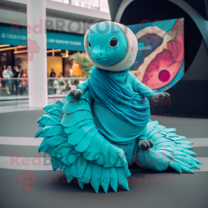 Turquoise Pangolin mascot costume character dressed with a Circle Skirt and Scarves