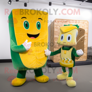 Green Grilled Cheese Sandwich mascot costume character dressed with a Jumpsuit and Messenger bags