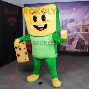 Green Grilled Cheese Sandwich mascot costume character dressed with a Jumpsuit and Messenger bags