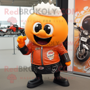 Orange Beef Wellington mascot costume character dressed with a Biker Jacket and Hairpins