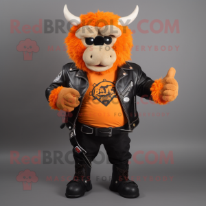 Orange Beef Wellington mascot costume character dressed with a Biker Jacket and Hairpins