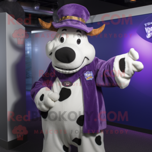 Purple Holstein Cow mascot costume character dressed with a Sweater and Hat pins