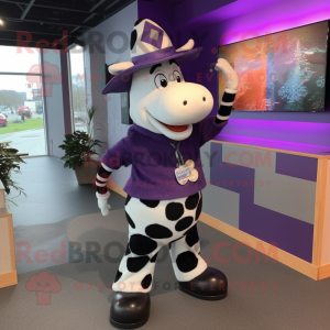 Purple Holstein Cow mascot costume character dressed with a Sweater and Hat pins