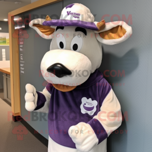 Purple Holstein Cow mascot costume character dressed with a Sweater and Hat pins