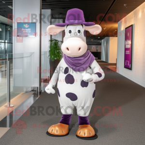 Purple Holstein Cow mascot costume character dressed with a Sweater and Hat pins