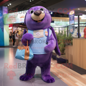 Purple Sea Lion mascot costume character dressed with a Dungarees and Handbags