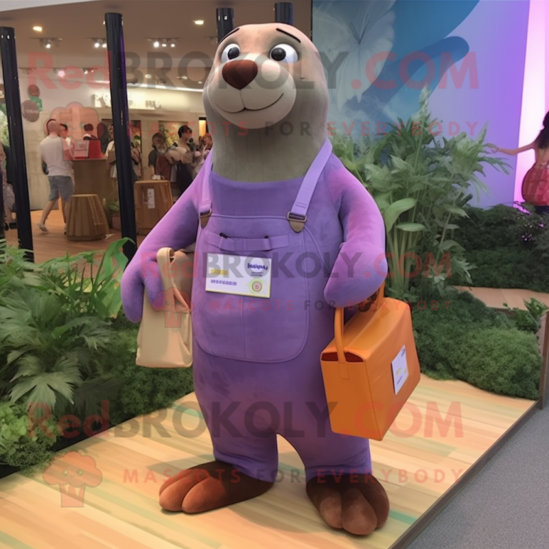 Purple Sea Lion mascot costume character dressed with a Dungarees and Handbags