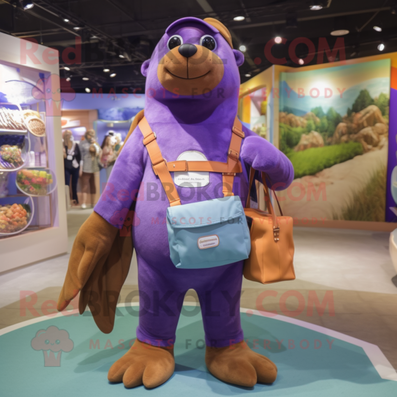 Purple Sea Lion mascot costume character dressed with a Dungarees and Handbags