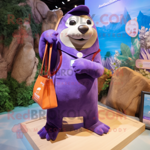 Purple Sea Lion mascot costume character dressed with a Dungarees and Handbags