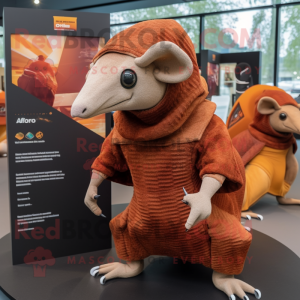 Rust Armadillo mascot costume character dressed with a Hoodie and Shawls