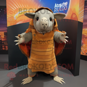 Rust Armadillo mascot costume character dressed with a Hoodie and Shawls