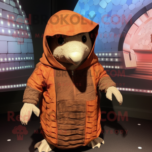 Rust Armadillo mascot costume character dressed with a Hoodie and Shawls
