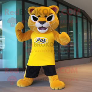 Yellow Puma mascot costume character dressed with a Swimwear and Shoe clips