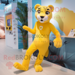 Yellow Puma mascot costume character dressed with a Swimwear and Shoe clips