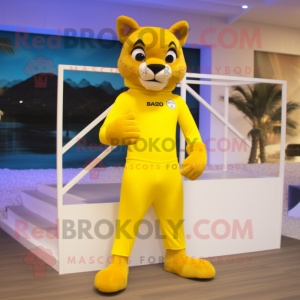 Yellow Puma mascot costume character dressed with a Swimwear and Shoe clips