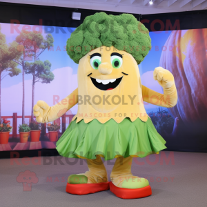 Tan Broccoli mascot costume character dressed with a A-Line Dress and Foot pads