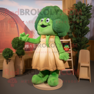 Tan Broccoli mascot costume character dressed with a A-Line Dress and Foot pads